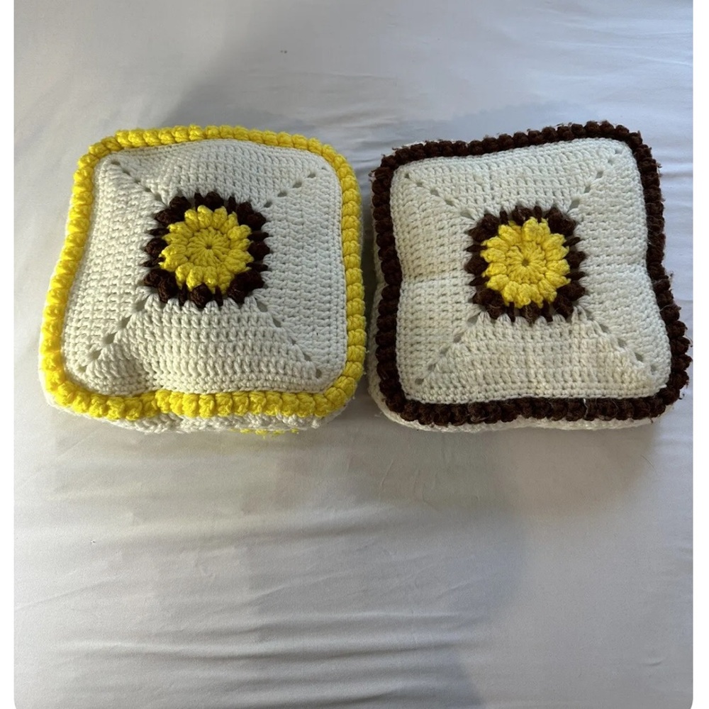 Throw Pillow Handmade Crochet Yellow Flower Cottage Core 10”x10” Square